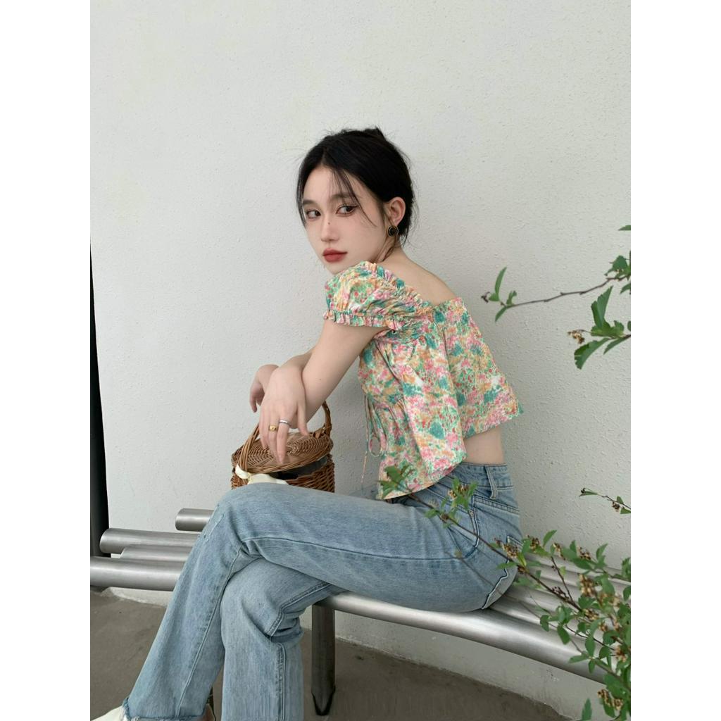 Áo Sơ Mi Tay Phồng Cổ Búp Bê Cột Dây Dáng Ngắn Thời Trang Xinh Xắn Cho Nữ