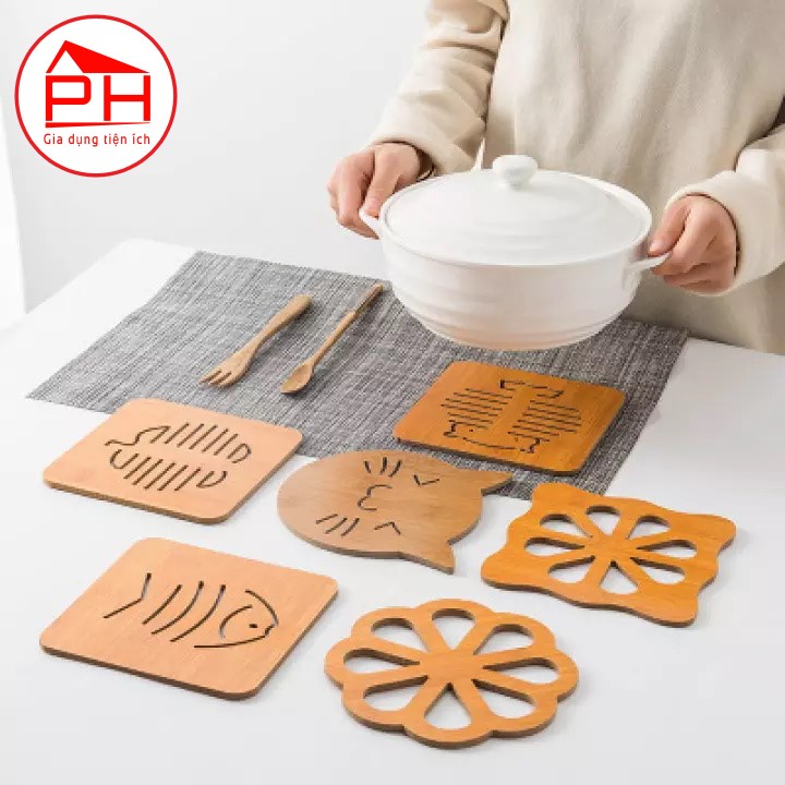 SET 02 Miếng lót nồi lót cốc ly bằng gỗ sang trọng chống trượt cách nhiệt (15x15cm Hình ngẫu nhiên) - Gia dụng Phước Hòa