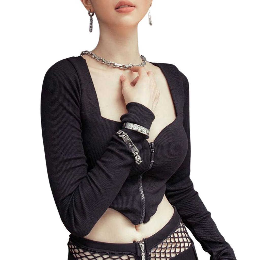 Áo Croptop Tay Dài Màu Trơn Phối Khoá Kéo Cho Phái Nữ