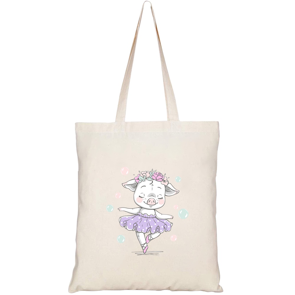 Túi vải tote canvas HTFashion in hình Heo con nhảy múa HT277