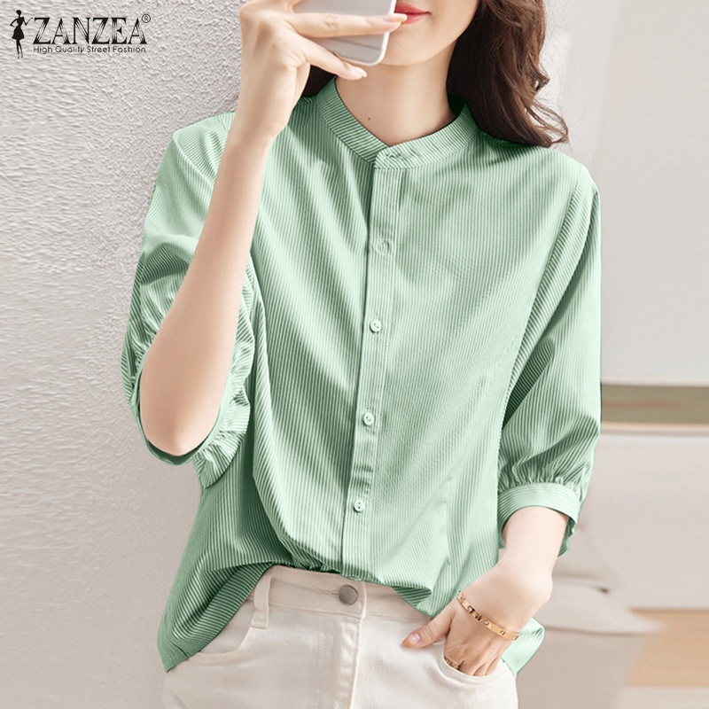 Áo sơ mi ZANZEA tay lỡ cổ đứng họa tiết kẻ sọc phong cách đường phố thời trang thanh lịch dành cho nữ