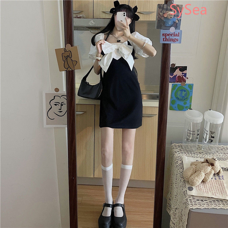 Đầm Ngắn Tay Cổ Vuông Phối Nơ Xinh Xắn Phong Cách Retro Dành Cho Nữ