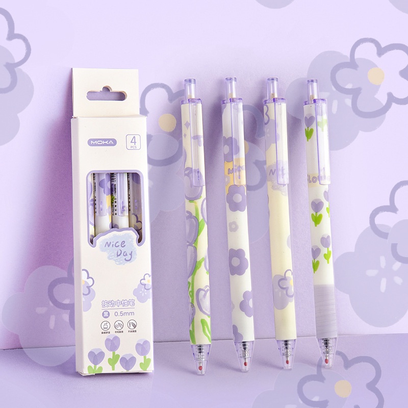 Set 4 Bút Bi Mực Đen Ngòi 0.5mm Họa Tiết Hoa Lãng Mạn
