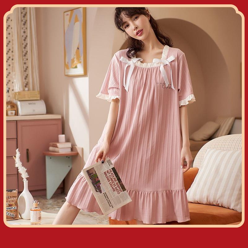 Đầm Ngủ Cotton Ngắn Tay Có Mút Đệm Ngực Thời Trang Mùa Hè Xinh Xắn