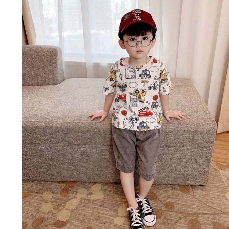 Áo Thun Cotton Ngắn Tay Dáng Rộng In Hoạt Hình Xe Hơi Kiểu Hàn Quốc Cho Bé Trai