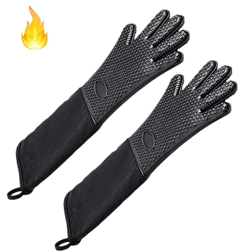 Extra Long Professional Silicone Oven Mitt, Heat Resistant Cooking Glove With Internal Cotton For Kitchen,Bbq,Baking,Grill - Black