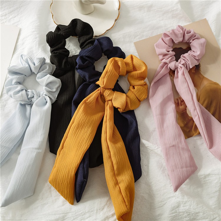 Dây Cột Tóc Scrunchie Đính Nơ Dài Vải Voan Trơn Nhiều Màu Thanh Lịch Ulzzang HOT TREND