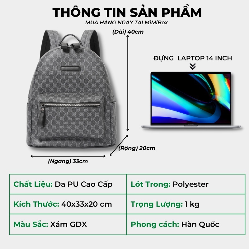 Balo da thời trang nam nữ ,Da PU Cao Cấp, Ba lô đựng Laptop -Chống thấm nước, Kiểu dáng trẻ trung, cá tính - MiMiBox