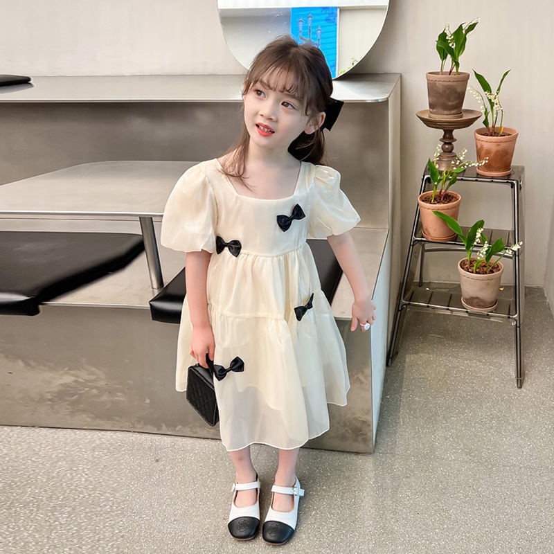 Đầm Công Chúa Cổ Vuông Tay Ngắn Thời Trang Mùa Hè Cho Bé Gái