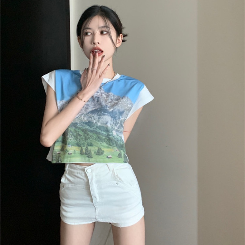 Áo Thun Tay Ngắn Dáng Rộng In Hình Phong Cảnh Thời Trang Cho Nữ