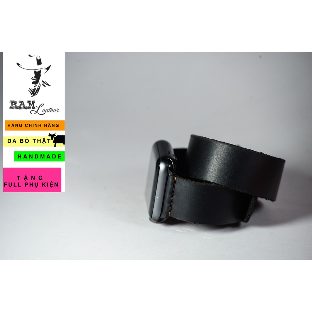 Dây đồng hồ RAM Leather da bò cao cấp màu đen RAM Leather doublestrap - tặng khóa chốt và cây thay dây