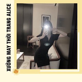 Đầm body cổ polo len gân
