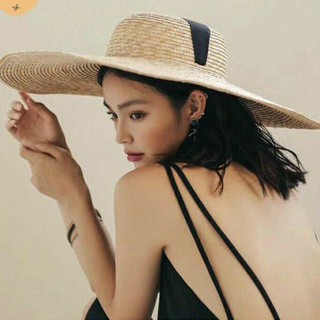 Mũ cói rộng vành dây nơ buộc vintage