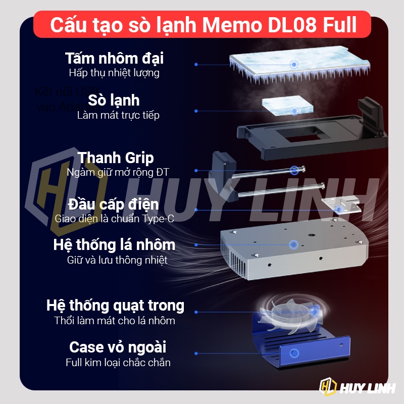 Memo DL08 Restro Led RGB Full kim loại - Sò lạnh kiêm quạt tản nhiệt cho điện thoại mới nhất