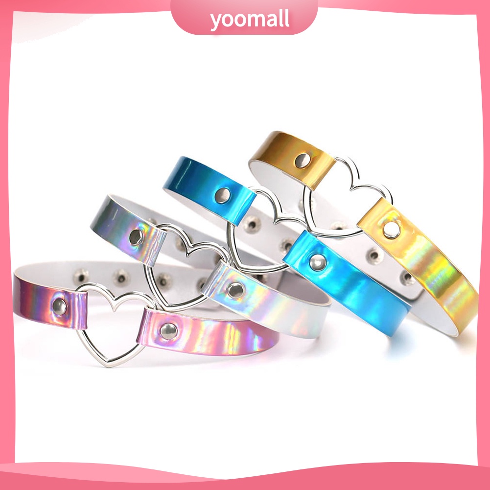 Vòng Cổ Choker Da Nhân Tạo Màu Hologram Mặt Trái Tim Kim Loại Cho Nữ
