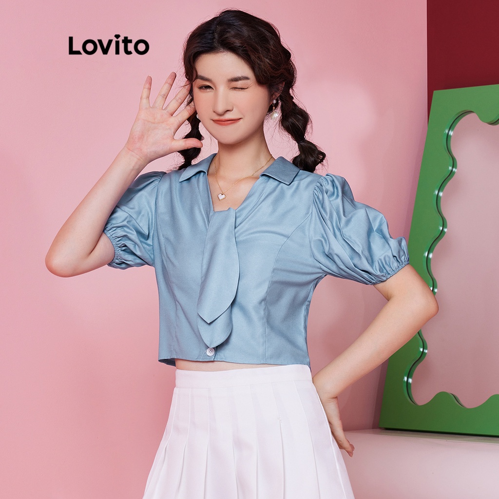 Áo cánh (Lovito Exclusive) DOPAMINE GIRLS Đơn giản Kont Polo Collar Puff Sleeve Preppy L28AE046 (Xanh lam nhạt)