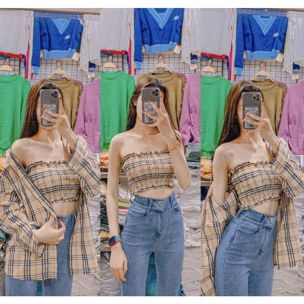 Set đồ nữ, set áo sơ mi dài tay kèm áo ống họa tiết caro nhiều màu , mặc đi chơi , đi làm dều xinh (kèm ảnh thật )
