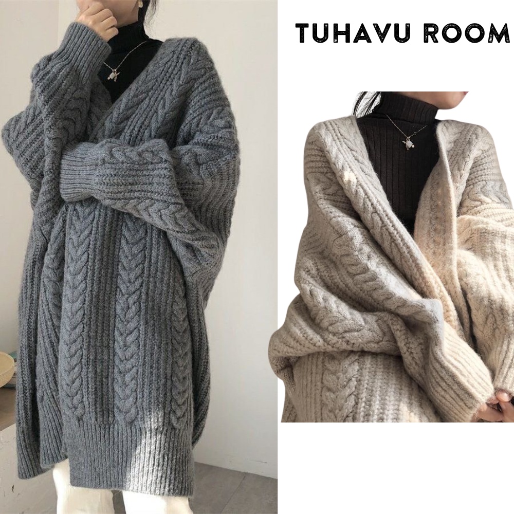 Áo khoác cardigan len vặn thừng dáng dài