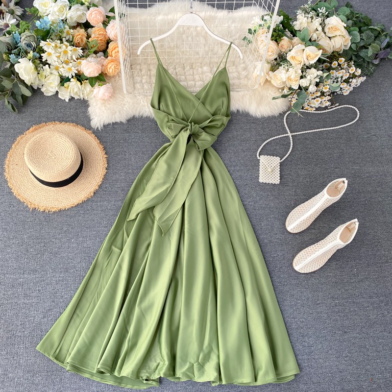Váy hai dây hở lưng váy maxi gợi cảm đầm lụa sexy