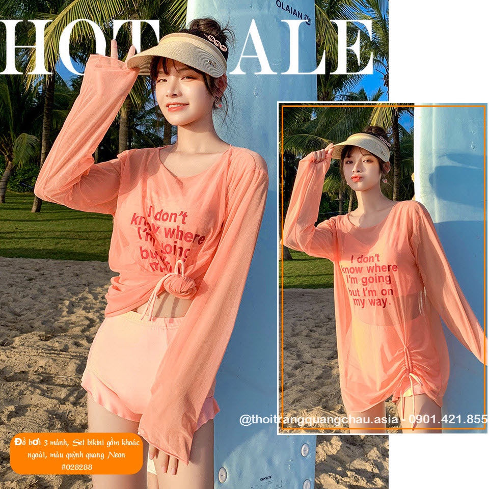 (Hàng Nhập) Đồ bơi 3 mảnh, Set bikini gồm khoác ngoài, màu quỳnh quang Neon #028288