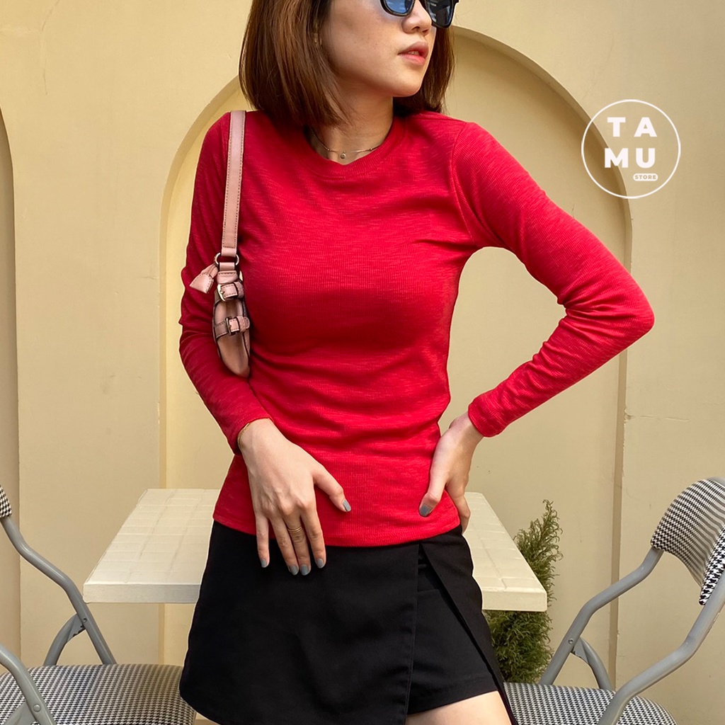 Áo thun tay dài nữ trơn kiểu dàng basic chất liệu thun gân màu sắc trắng đen đỏ - AT02