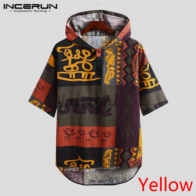 Áo Hoodie INCERUN Tay Ngắn In Họa Tiết Thổ Cẩm Dành Cho Nam | BigBuy360 - bigbuy360.vn