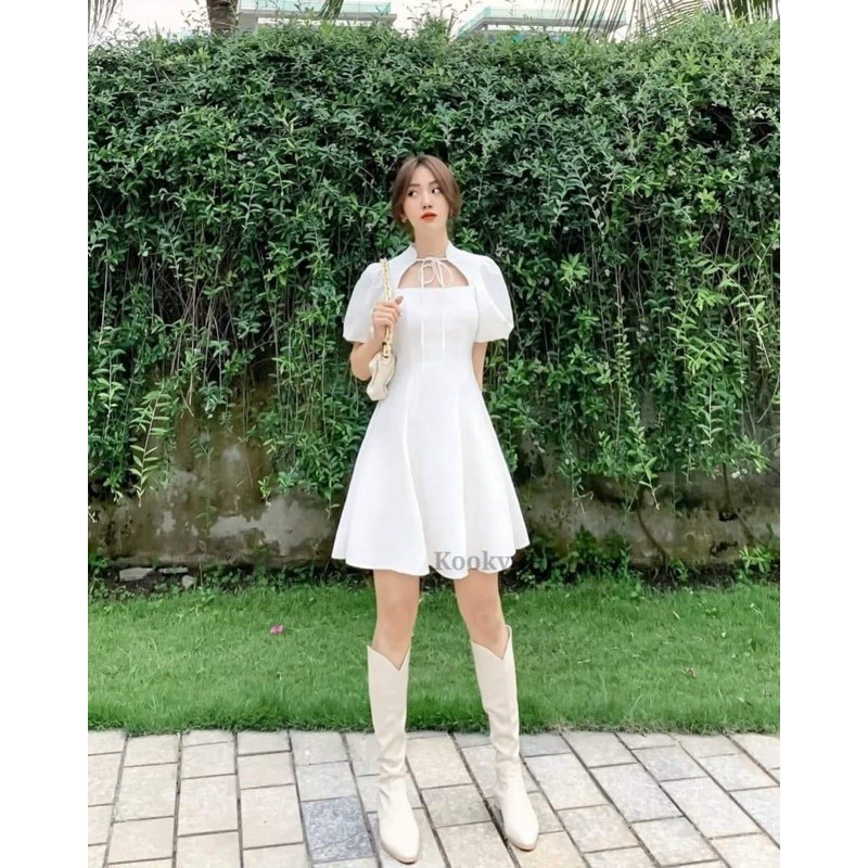 Váy xoè hở ngực nơ cổ KA63