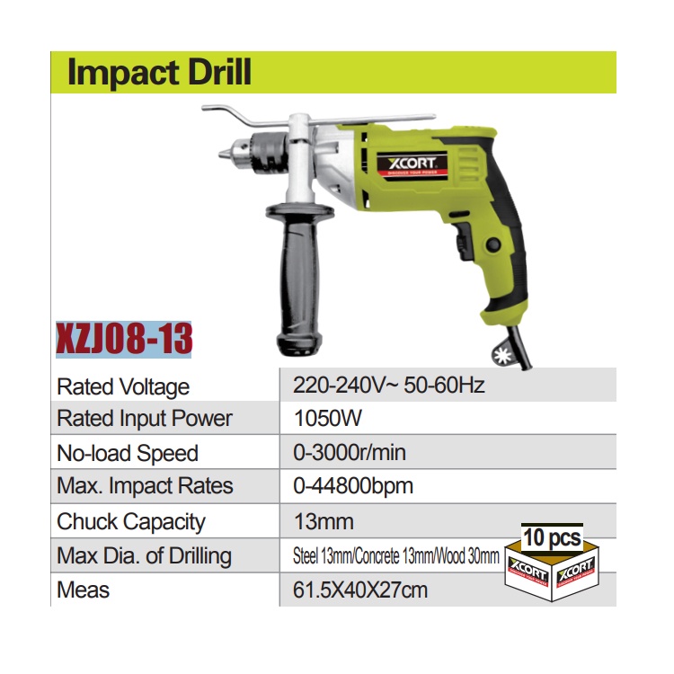 Máy khoan cầm tay khoan điện XCORT 1000W Model XJZ08-13 Đầu cặp 1.5-13mm Khoan thường và khoan búa