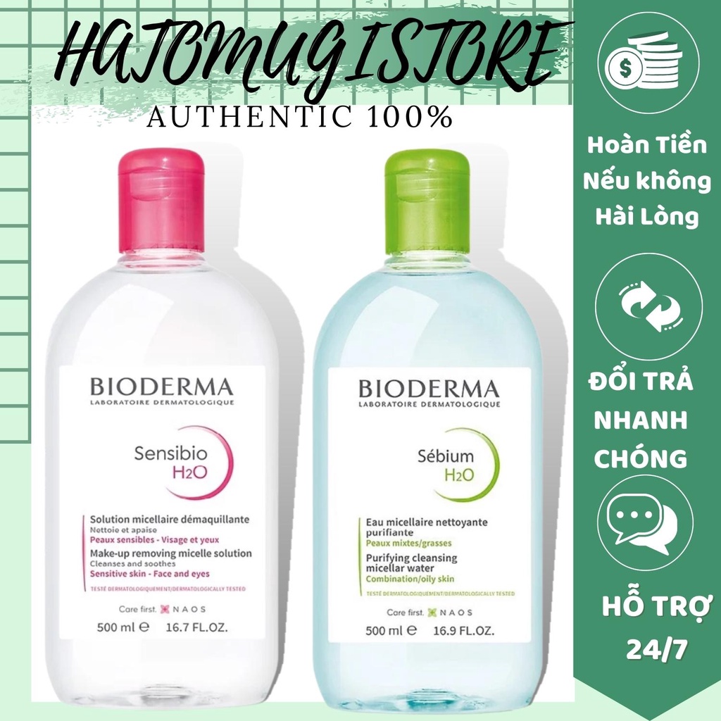 Nước Tẩy Trang Bioderma Pháp H2O 500ml xanh - hồng (Nắp Bật)