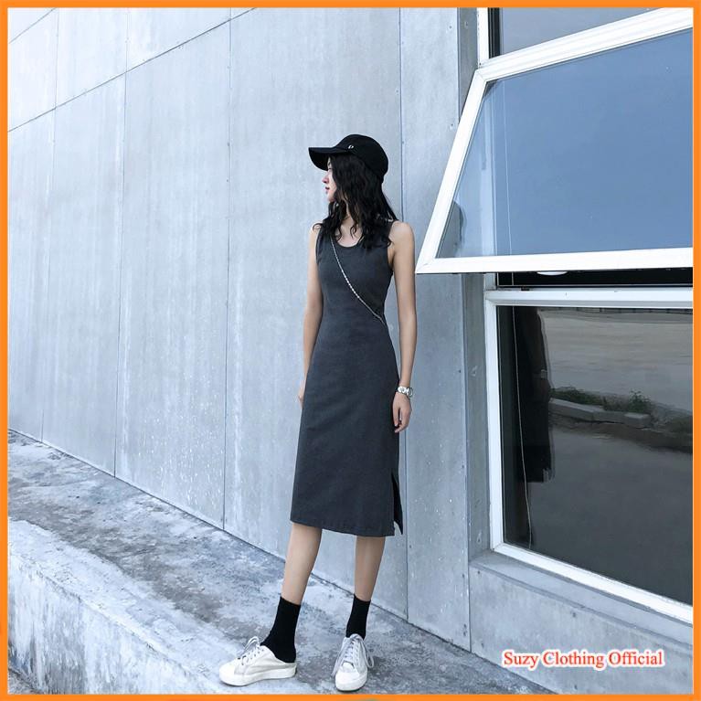 Váy Thun Cotton Cổ V Sát Nách Dáng Dài Ulzzang | BigBuy360 - bigbuy360.vn