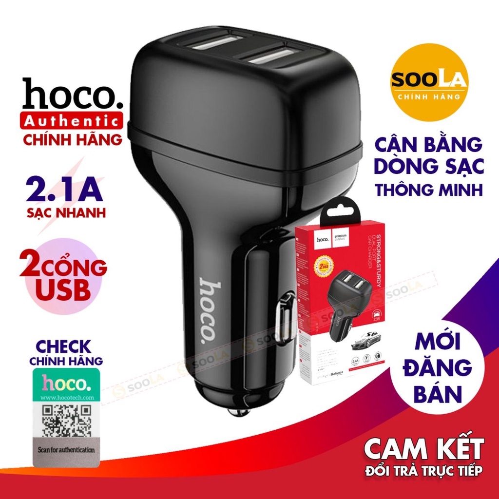 Tẩu sạc/ Cốc sạc nhanh trên ô tô 2.4A Chính Hãng Hoco Z36 có 2 cổng USB