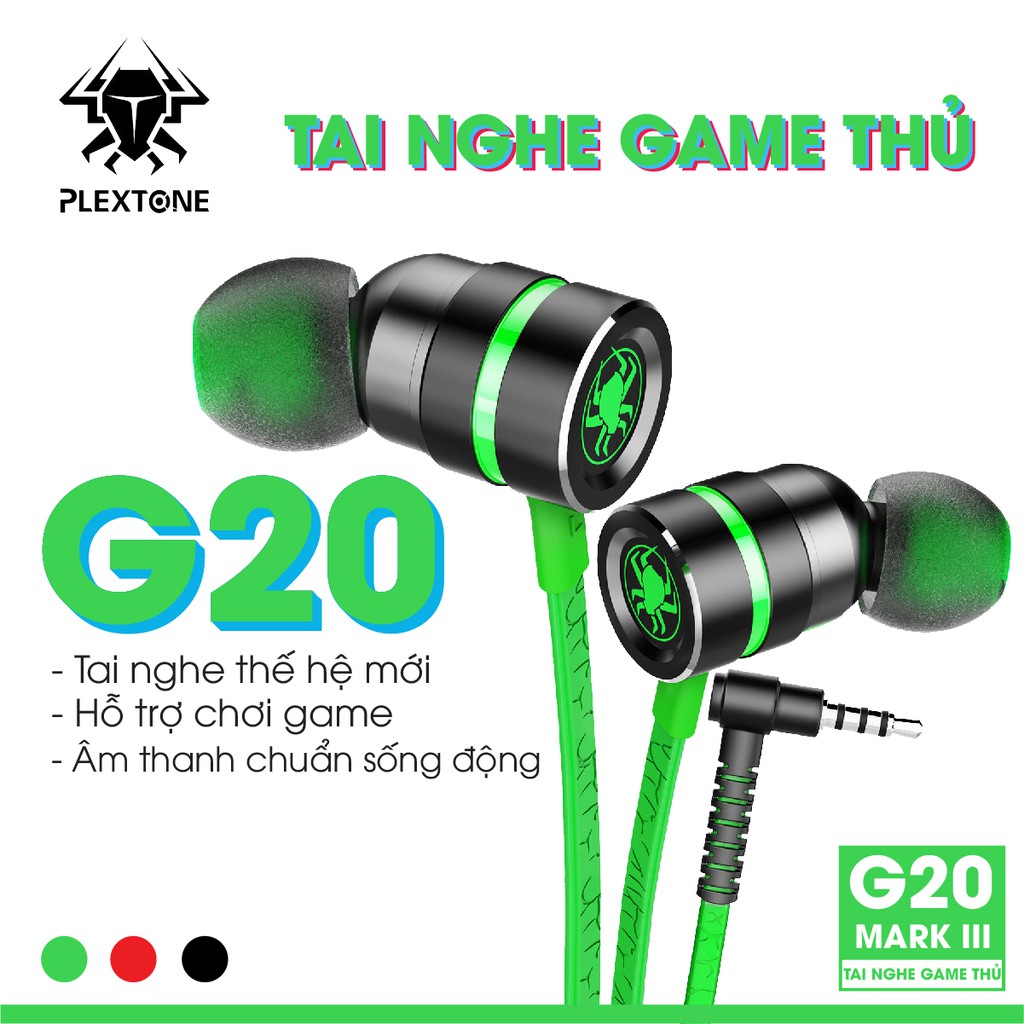 Tai nghe Gaming, tai nghe game thủ in ear Plextone G20 dây dẹt chống rối, Jack 3.5mm chữ L chống gẫy, BH 12 tháng