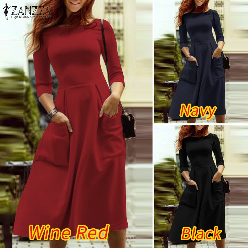 Đầm dài ZANZEA tay 3/4 thời trang tùy chọn màu sắc dành cho nữ