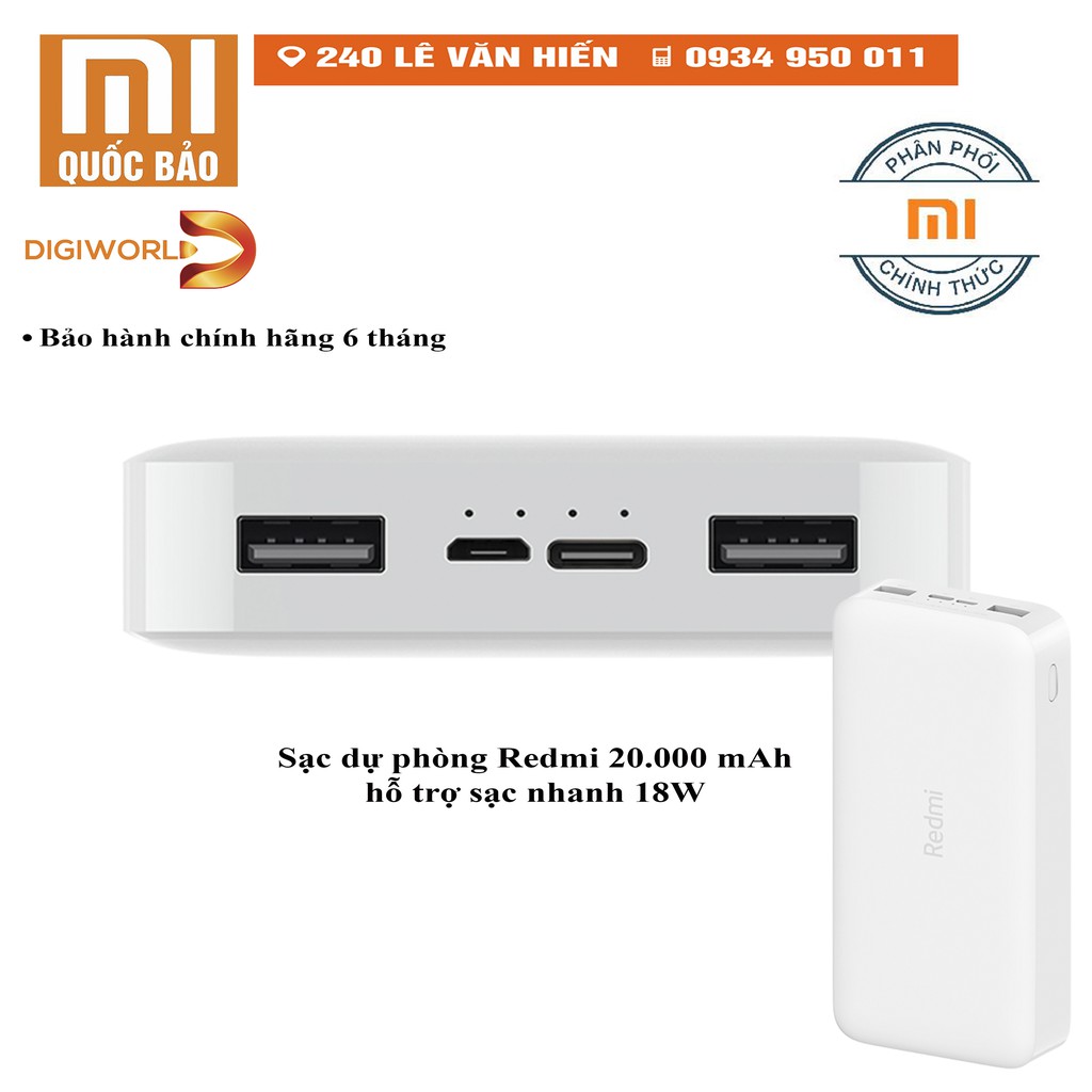 Sạc dự phòng XIAOMI REDMI 20.000 mAh hỗ trợ sạc nhanh 18W hàng phân phối chính hãng DGW