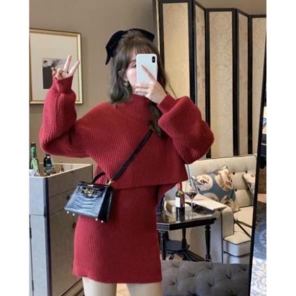Váy Len Đỏ CELORA ,Đầm Len Cổ Lọ ôm Body Cao Cổ  Kèm Áo Khoác Len tăm Nữ Mềm Màu Đỏ Dài Tay | BigBuy360 - bigbuy360.vn