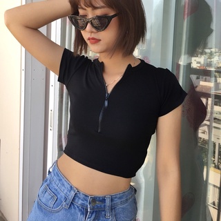Áo croptop nữ, áo thun croptop cổ tròn dây kéo lỡ tôn dáng cá tính chất thun bozip mịn đẹp