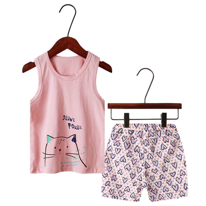 NEW 2022 HOẢ TỐC Đồ Bộ quần áo trẻ em ba lỗ mùa hè bé gái in hình mèo thỏ voi hồng