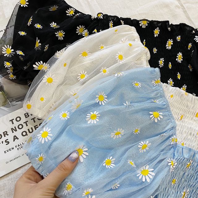 ÁO CROPTOP TRỄ VAI HỌA TIẾT HOA CÚC HỌA MI SIÊU XINH BO CHUN