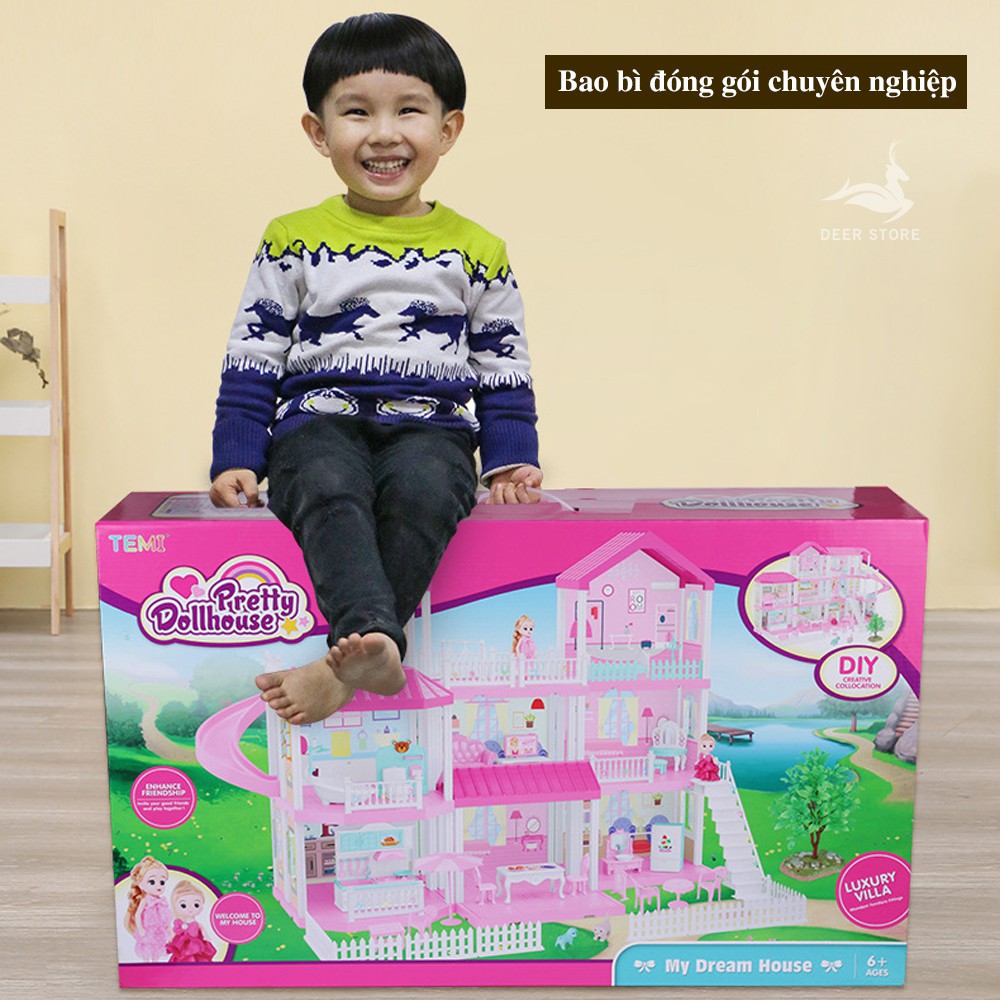 Nhà búp bê Barbie cỡ lớn 4 tầng tùy chỉnh. Quà tặng sinh nhật cho bé gái | Tặng hai búp bê, Nhà biệt thự đủ nội t