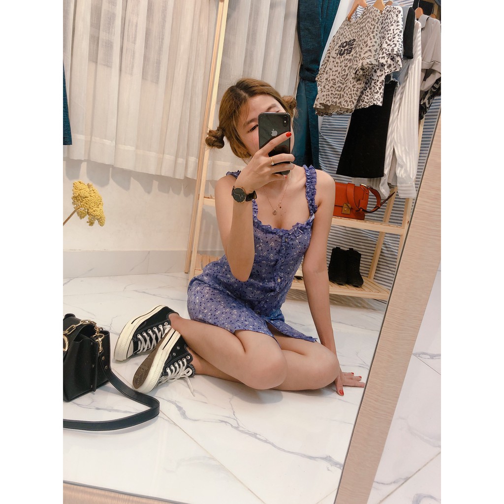 Váy Đầm 2 dây dáng Suông in hoạ tiết Hoa Oải Hương Xinh Xắn thời trang Nữ, vải mềm mịn mát