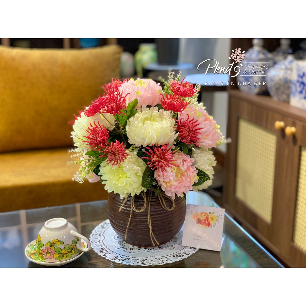 [Mã BMLT300 giảm 10% đơn 499K] Bình hoa giả cúc mẫu đơn để bàn đẹp PKND FLOWERS &amp; DECOR