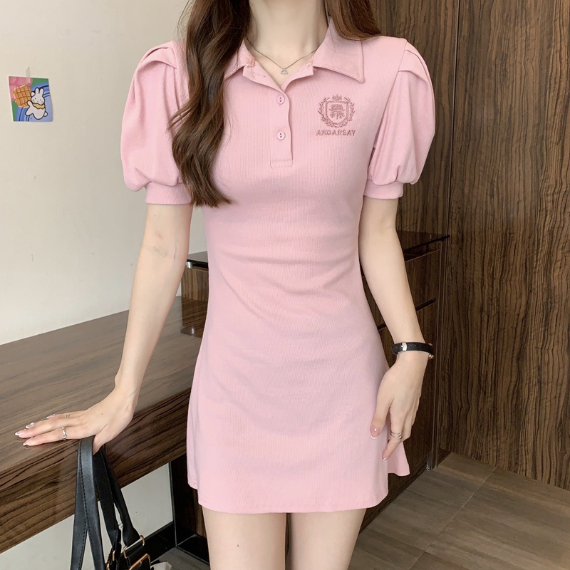 SUXI Đầm Mini Tay Phồng Cổ POLO Màu Trơn Ngọt Ngào Thời Trang Mùa Hè