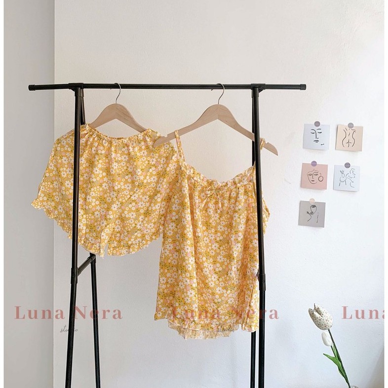 [TẶNG GƯƠNG CẦM TAY] Set đồ ngủ 2 dây hoa nhí viền bèo áo nhún ngực | Ảnh thật 100% ♡ | BigBuy360 - bigbuy360.vn