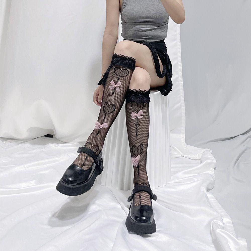 Vớ Cao Ngang Bắp Chân Bằng Nylon Đính Nơ Họa Tiết Kẹo Mút Jacquard Lolita Dễ Thương Cho Nữ