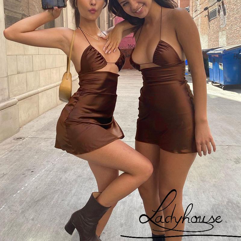 Đầm Ngắn Không Tay Cổ Yếm Cắt Thấp Màu Trơn Thời Trang Mùa Hè Cho Nữ