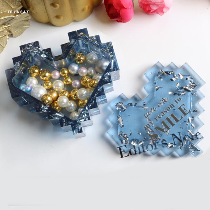 Set khuôn silicone đúc resin epoxy hộp đựng DIY hình trái tim pixel
