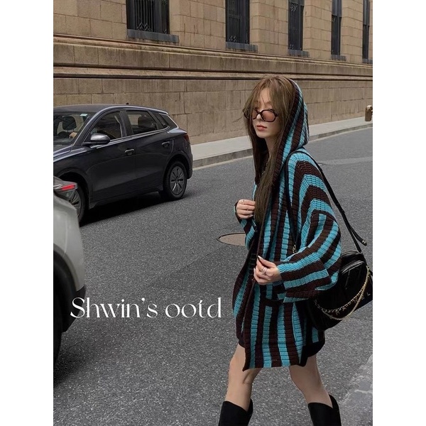 Áo Khoác Cardigan Dệt Kim Tay Dài Cổ Chữ V Hoạ Tiết Kẻ Sọc Thời Trang Mùa Thu Cho Phái Nữ