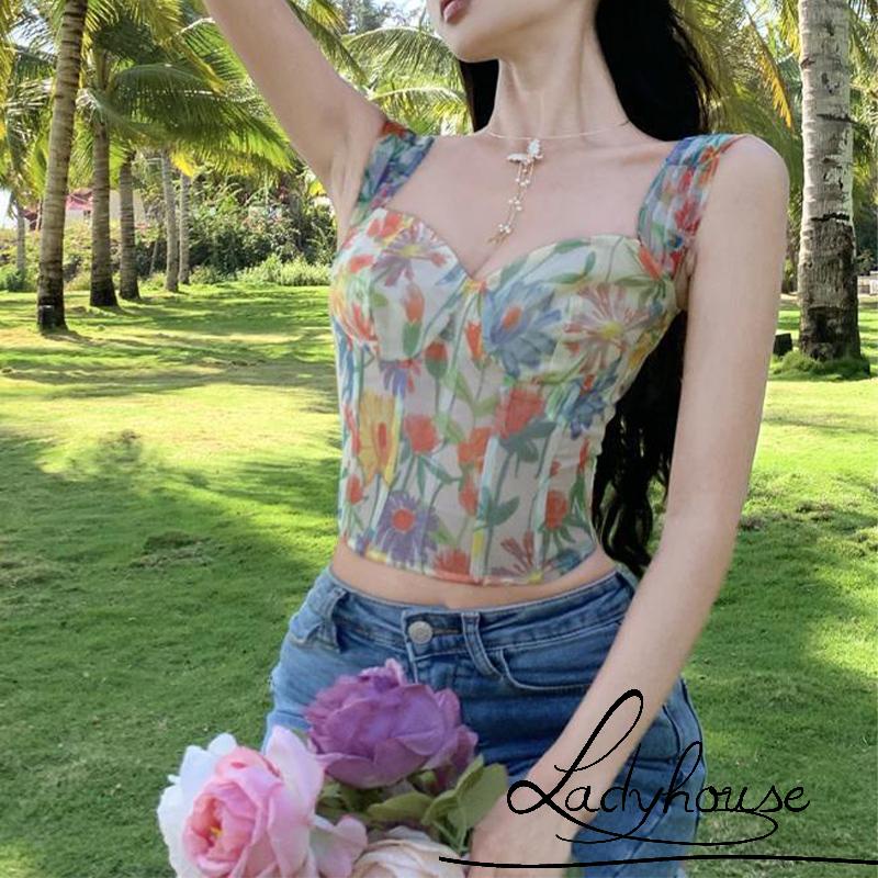 Áo Croptop Hai Dây In Hoa Gợi Cảm Cho Nữ