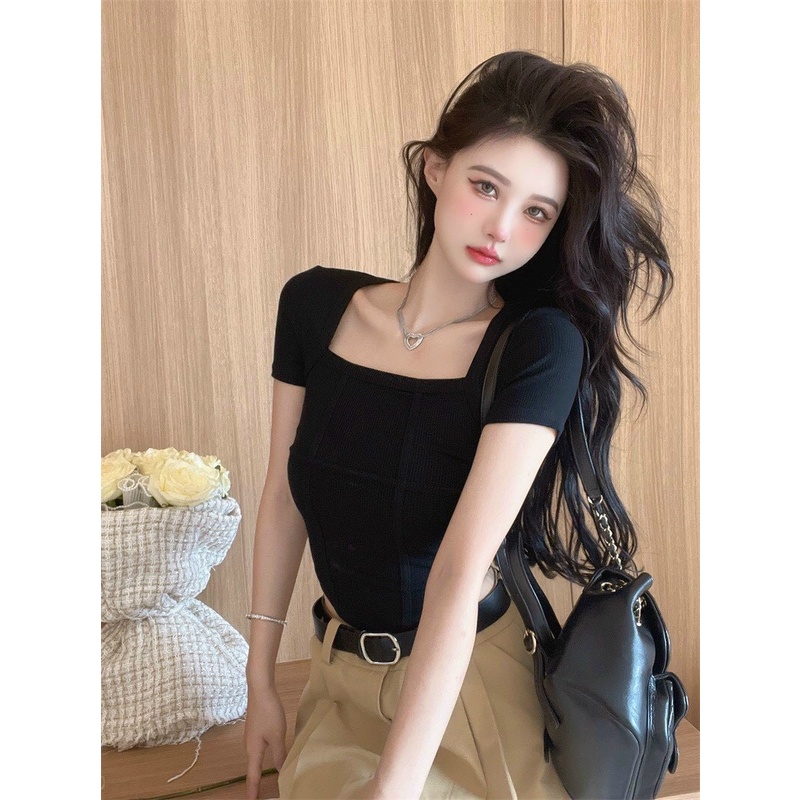 [VIDEO+FREESHIP ] ÁO CROPTOP KIỂU LỬNG NỮ CỔ VUÔNG TAY NGẮN GÂN VUÔNG LAI BO MÀU TRẮNG ĐEN THỜI TRANG SIÊU MÁT MẺ