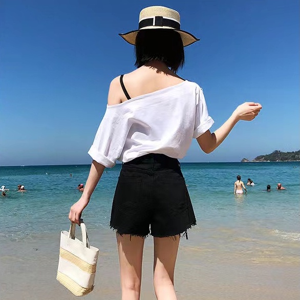 Quần Short Denim Lưng Cao Ống Rộng Phối Rách Thời Trang Đường Phố Mùa Hè Cho Nữ